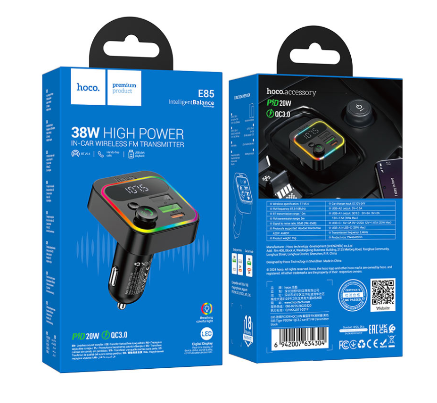 HOCO -  E85 Tiger PD20W+QC3.0 Car BT FM Transmitter Black