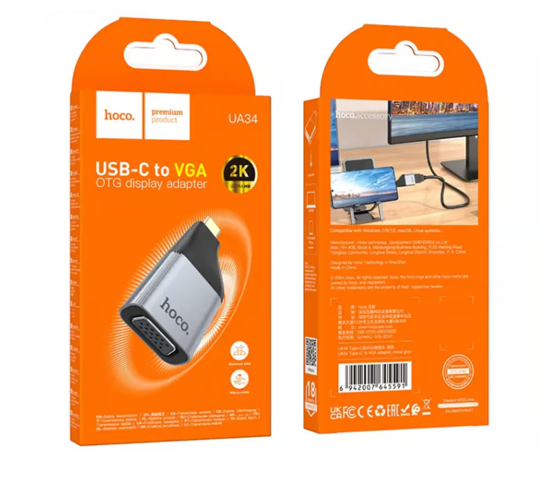 HOCO - USB-C to VGA Adapter 2K Display Converter for Laptops, Tablets & Phone