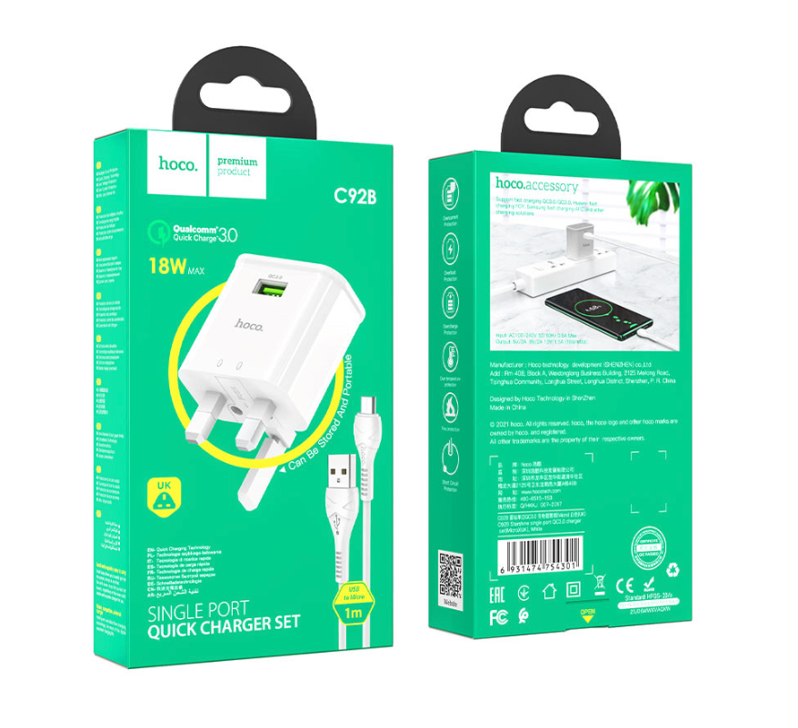 Hoco C92B QC3.0 Wall Charger Adaptor with Micro USB cable
