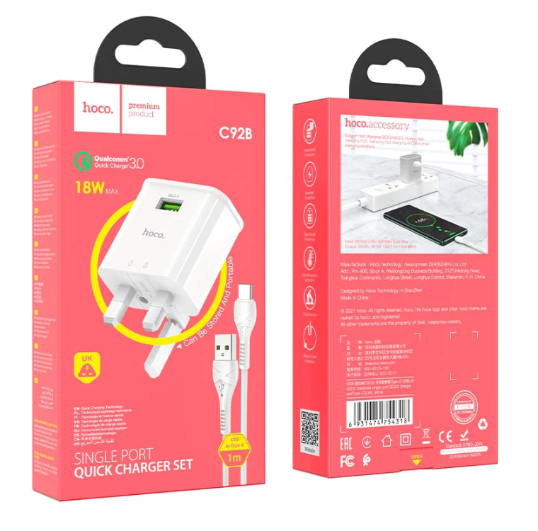 Hoco C92B QC3.0 Wall Charger Adaptor with Type-C cable