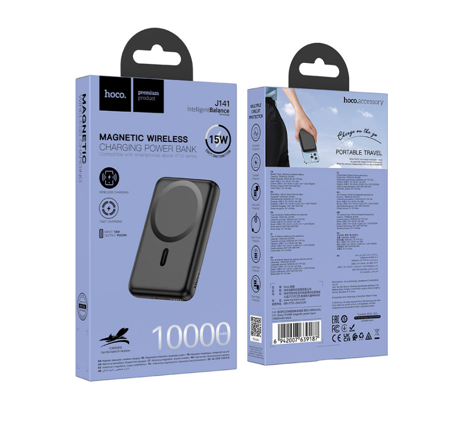 Hoco J141 Grace 10000mAh Magnetic Wireless Power Bank, 15W MagSafe Compatible, PD20W USB-C, Black