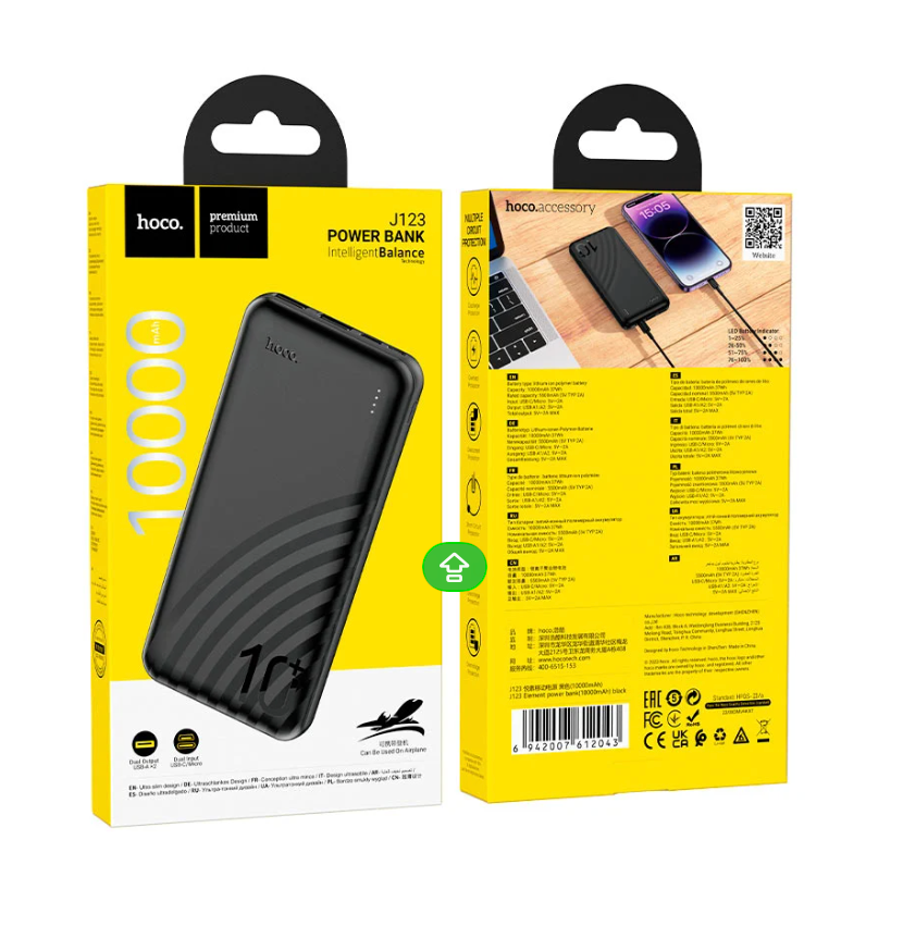 Hoco J123 power bank showing two USB-A output ports and USB-C input