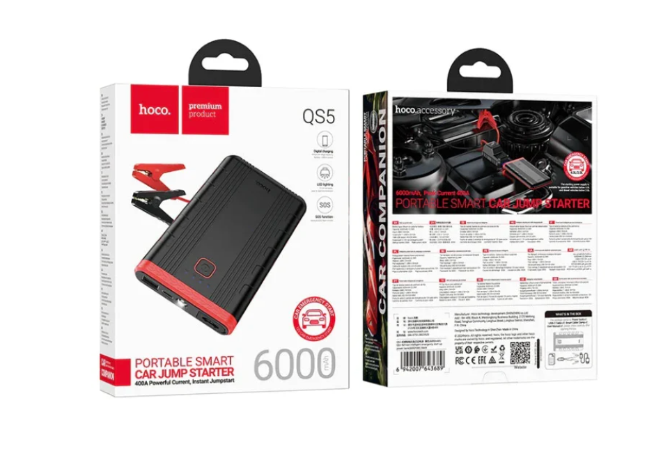 Portable HOCO QS5 6000mAh emergency car jump starter.