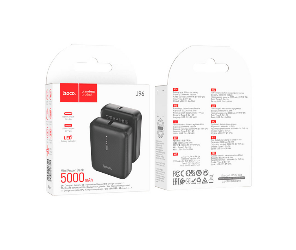 HOCO J96 5000mAh compact portable power bank in black.